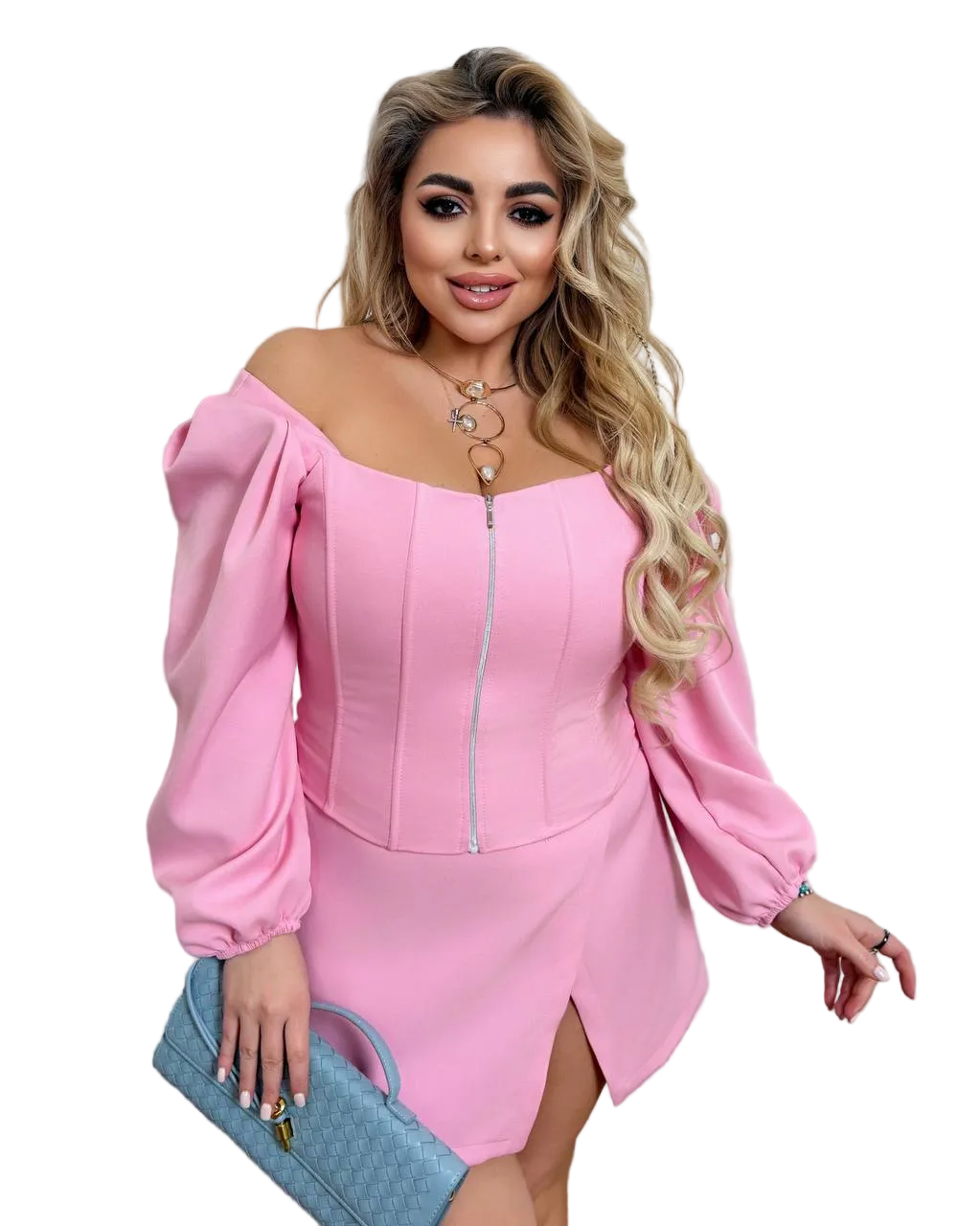 Pink Off Shoulder Corset Blouse Puff Sleeves Zipper Front Suiting Fabric