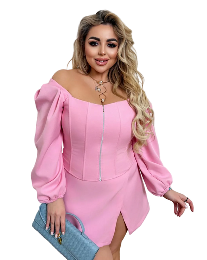 Pink Off Shoulder Corset Blouse Puff Sleeves Zipper Front Suiting Fabric