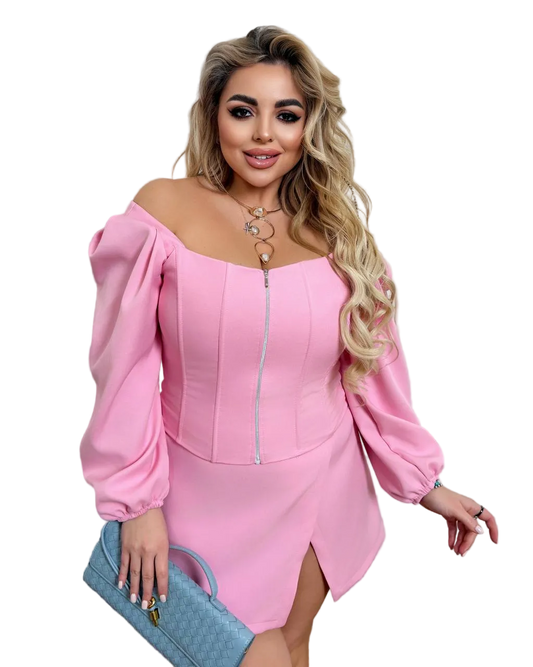 Pink Off Shoulder Corset Blouse Puff Sleeves Zipper Front Suiting Fabric