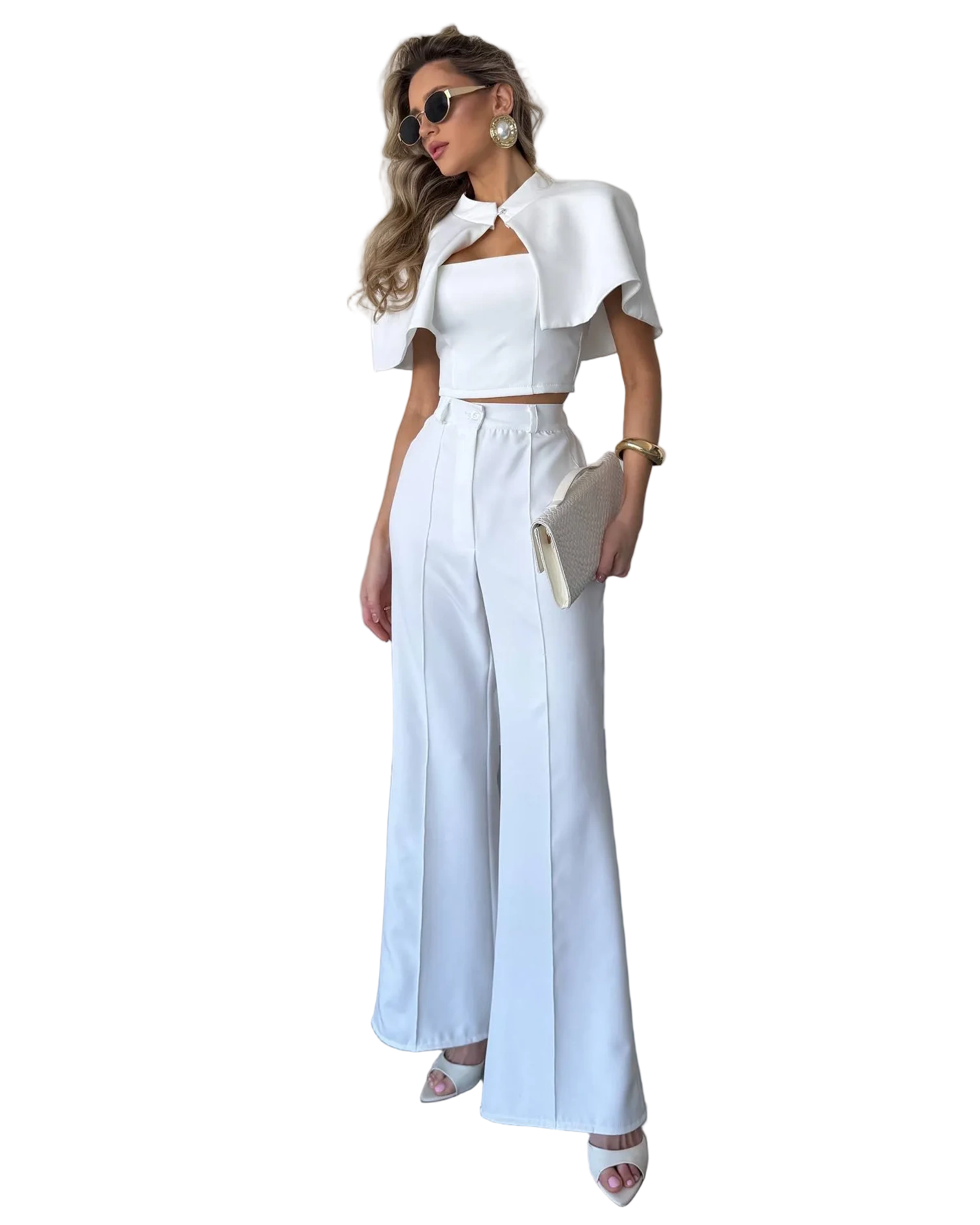 White Womens Three Piece Suit Cape Top High Waisted Wide Leg Pants Tailored Set