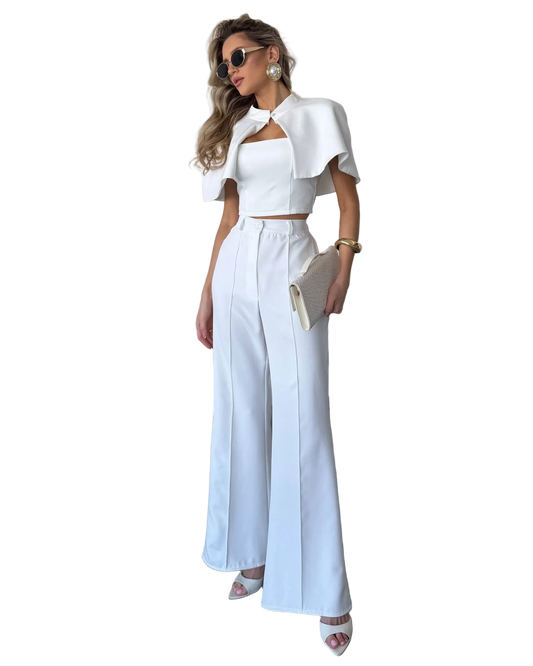 White Womens Three Piece Suit Cape Top High Waisted Wide Leg Pants Tailored Set