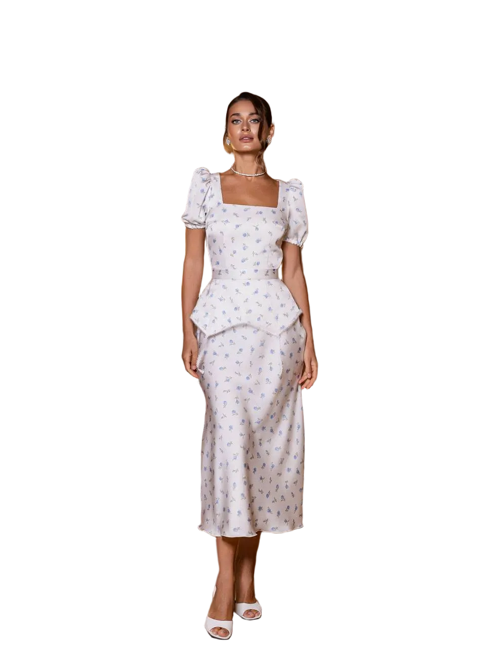 Peplum Midi Dress Double Sided Premium Satin Exclusive Floral Print Ivory Blue