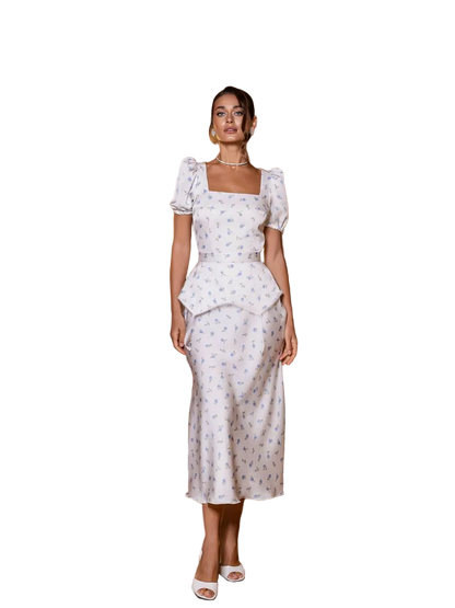 Peplum Midi Dress Double Sided Premium Satin Exclusive Floral Print Ivory Blue