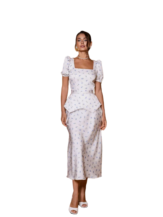 Peplum Midi Dress Double Sided Premium Satin Exclusive Floral Print Ivory Blue