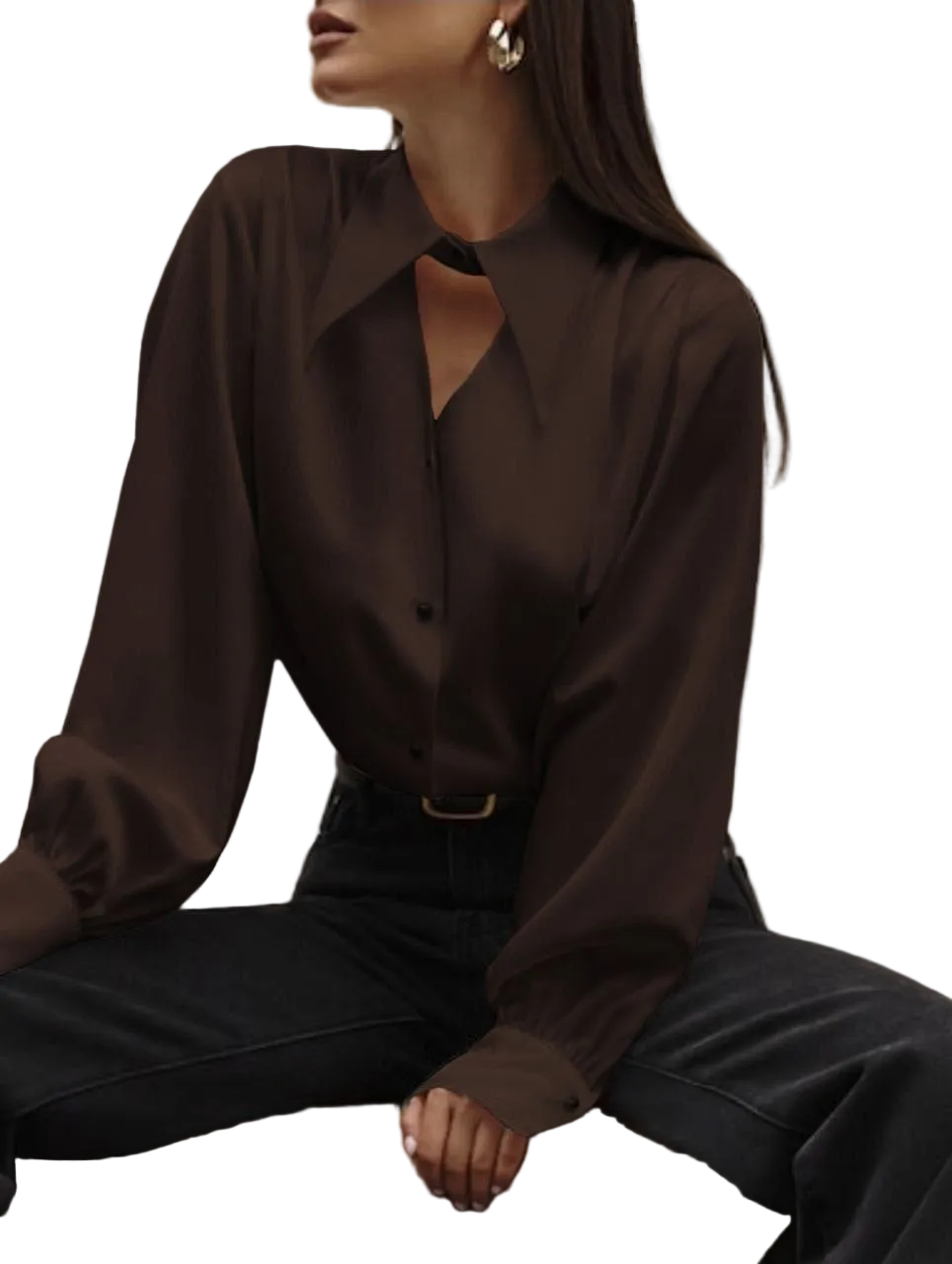 Brown Italian Silk Blouse Women Loose Fit Collared Button Up