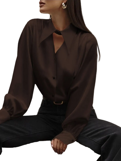 Brown Italian Silk Blouse Women Loose Fit Collared Button Up