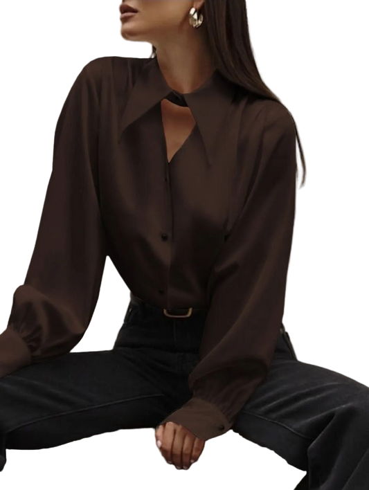 Brown Italian Silk Blouse Women Loose Fit Collared Button Up