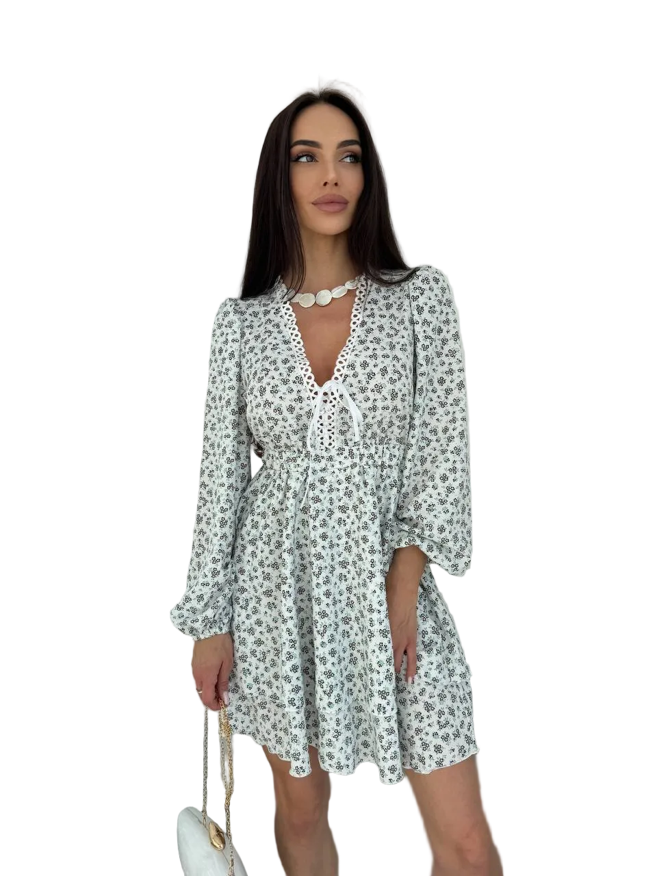 White Floral Tiered Mini Dress Soft Fabric V Neck Long Sleeve
