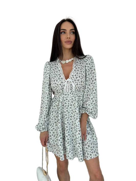 White Floral Tiered Mini Dress Soft Fabric V Neck Long Sleeve
