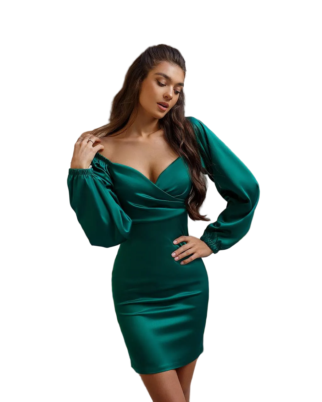 Womens Satin Mini Dress with Puff Sleeves and Wrap V Neck