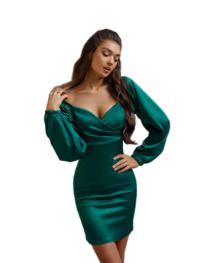 Womens Satin Mini Dress with Puff Sleeves and Wrap V Neck