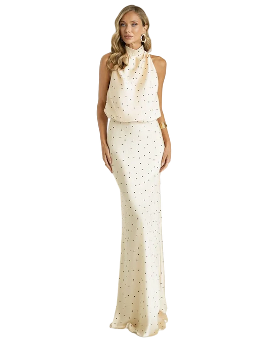 Satin Halter Evening Gown Polka Dot Floor Length