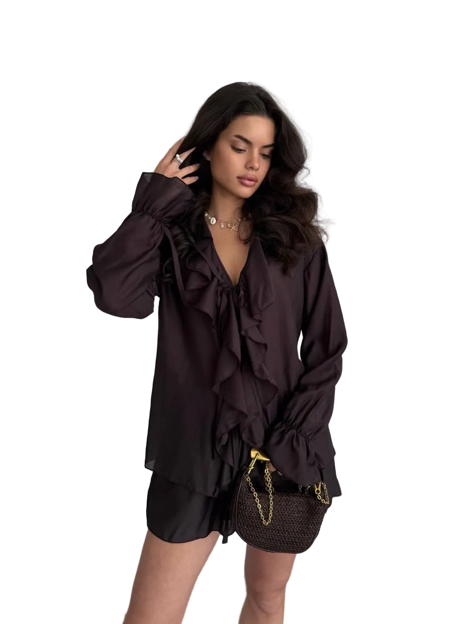 Chocolate Tencel Ruffle Blouse And Shorts Set Women Two Piece Breathable Summer Outfit