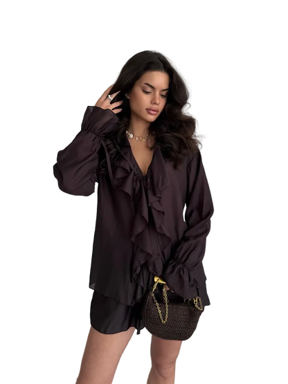 Chocolate Tencel Ruffle Blouse And Shorts Set Women Two Piece Breathable Summer Outfit