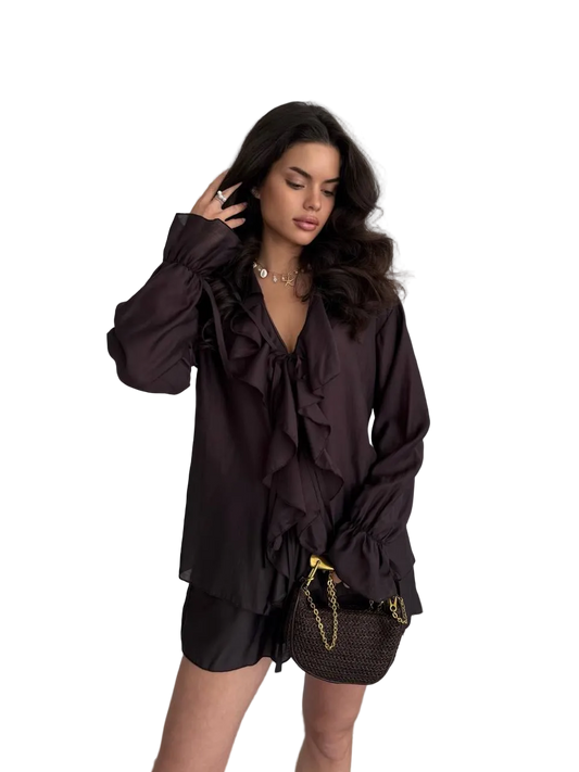 Chocolate Tencel Ruffle Blouse And Shorts Set Women Two Piece Breathable Summer Outfit