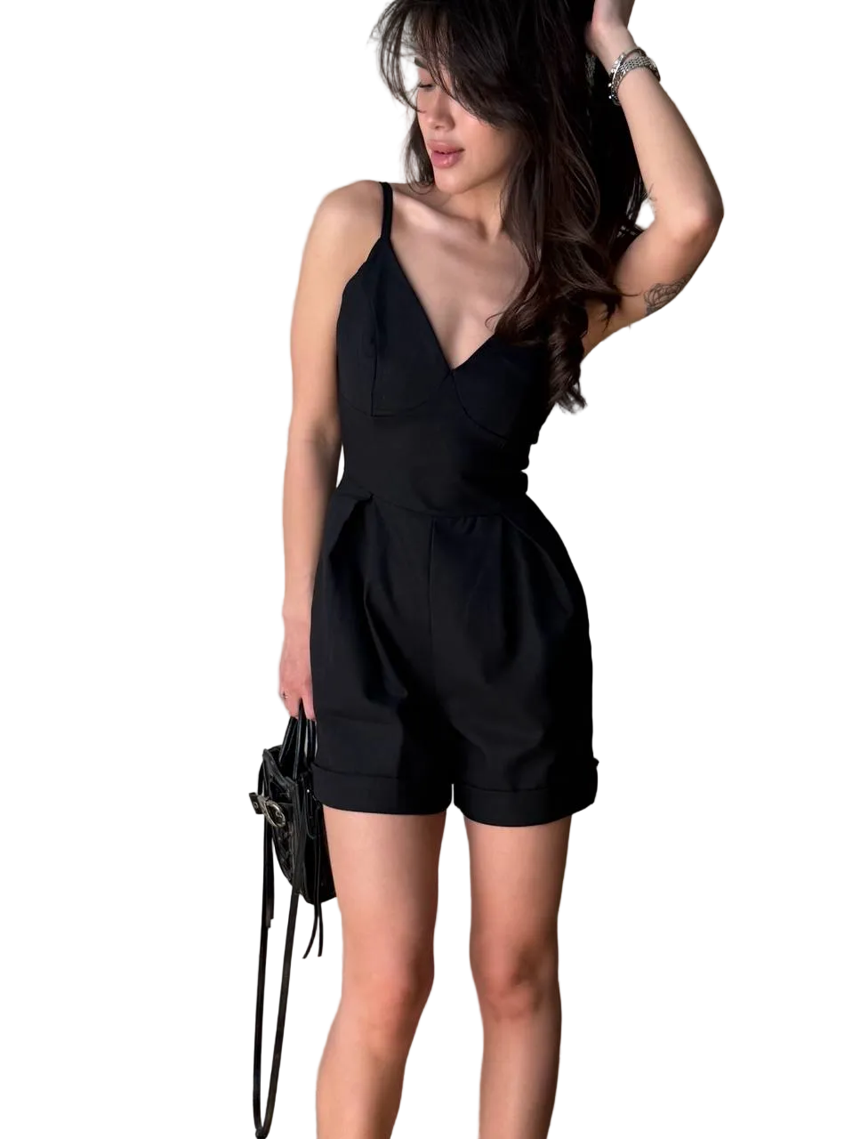 Black Linen Jumpsuit Women Spaghetti Strap Open Shoulder Tailored Romper