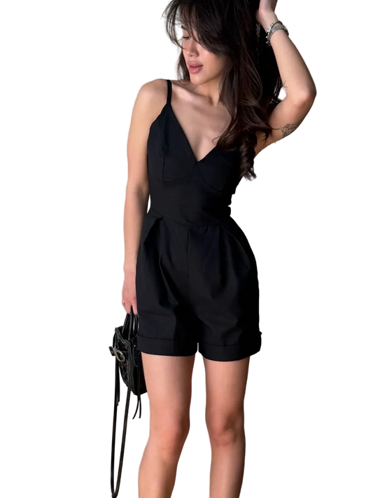 Black Linen Jumpsuit Women Spaghetti Strap Open Shoulder Tailored Romper