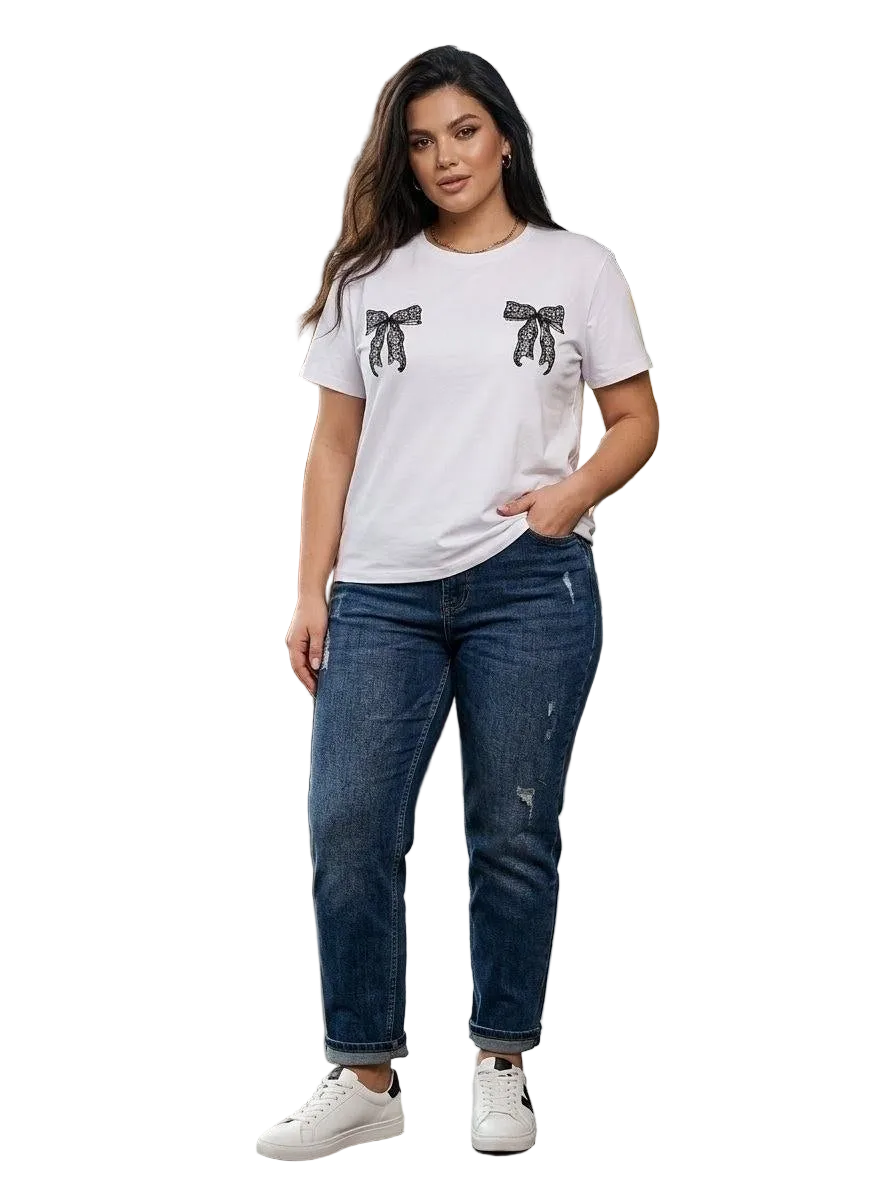 White Womens T Shirt Bow Print Kulir Fabric Casual Tee