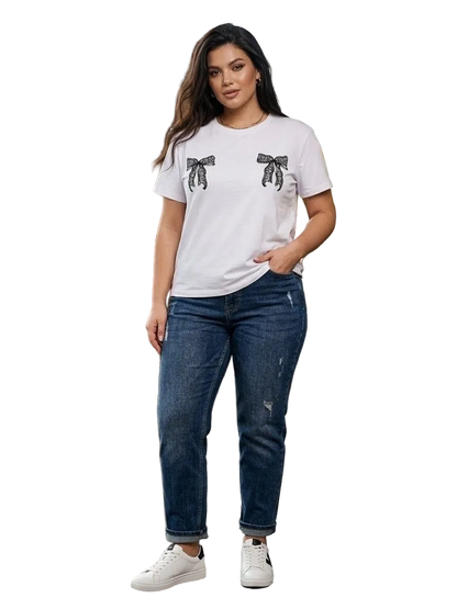 White Womens T Shirt Bow Print Kulir Fabric Casual Tee