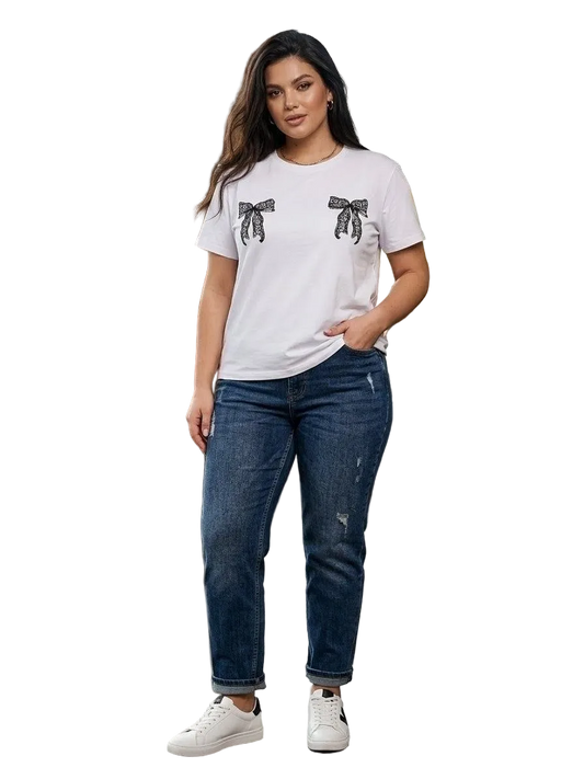 White Womens T Shirt Bow Print Kulir Fabric Casual Tee