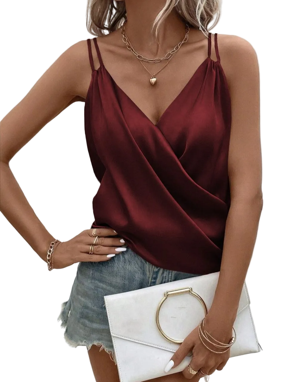 Burgundy Italian Silk Draped Cami Womens V Neck Tank