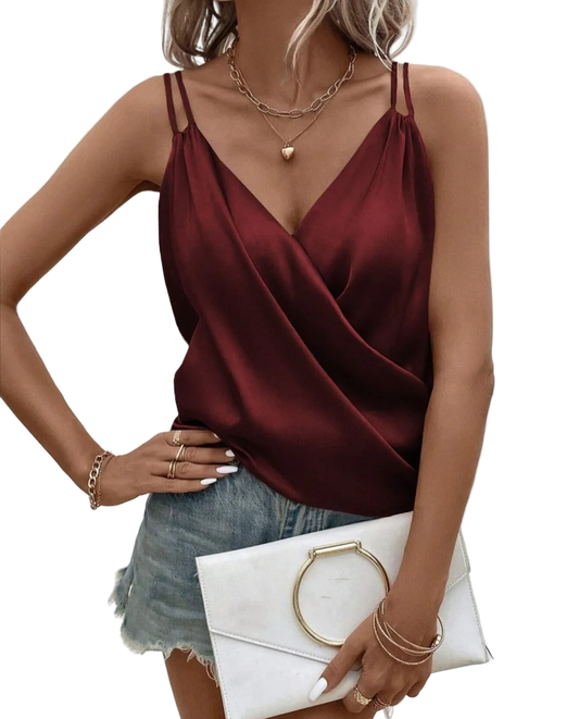 Burgundy Italian Silk Draped Cami Womens V Neck Tank