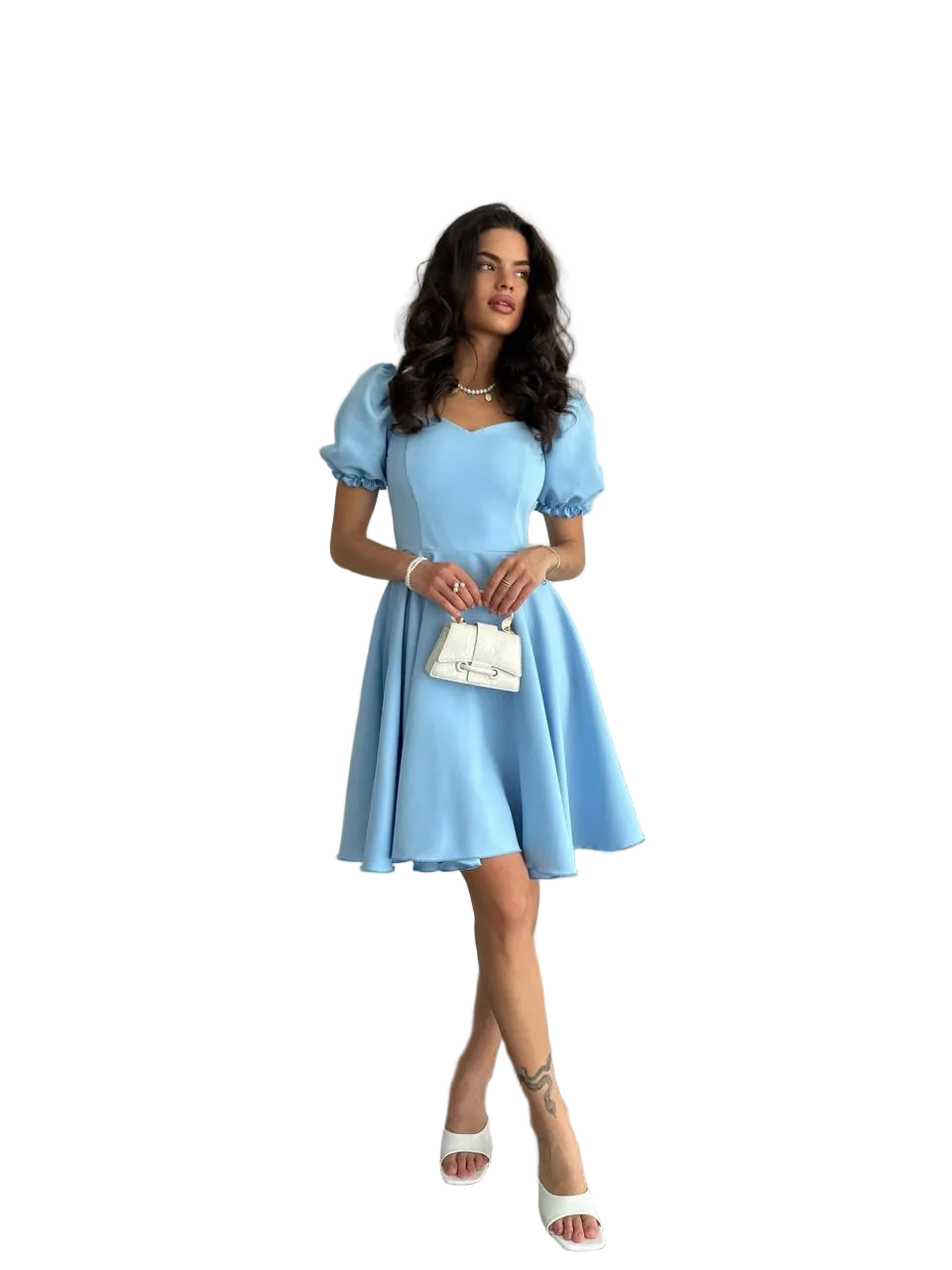 Light Blue Puff Sleeve Fit and Flare Dress Womens Elegant Summer Party Dress