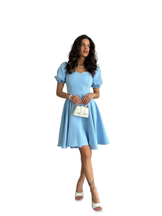 Light Blue Puff Sleeve Fit and Flare Dress Womens Elegant Summer Party Dress