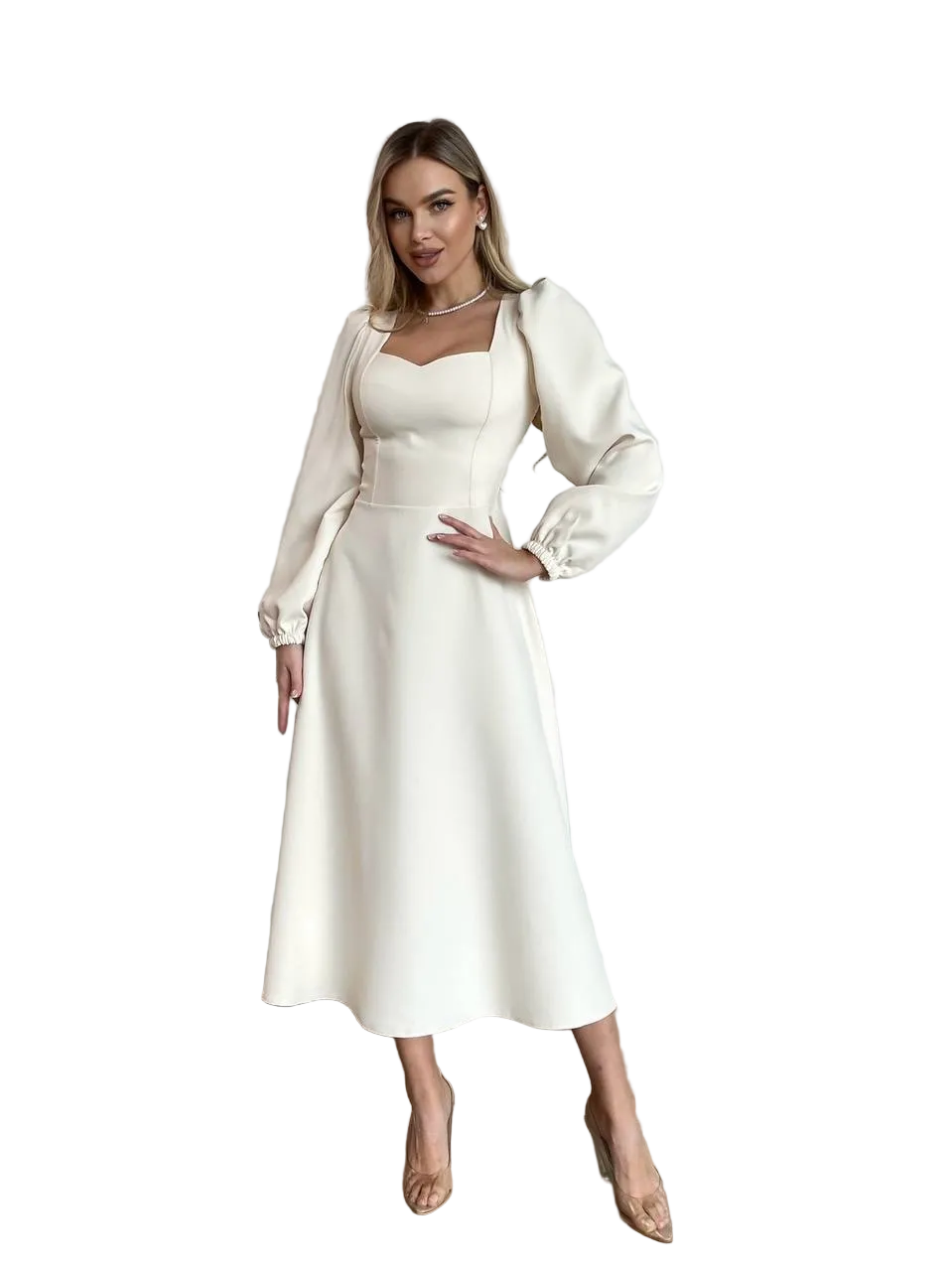Cream Midi Dress with Heart Neckline and Puff Sleeves Elegant A Line Evening Dress