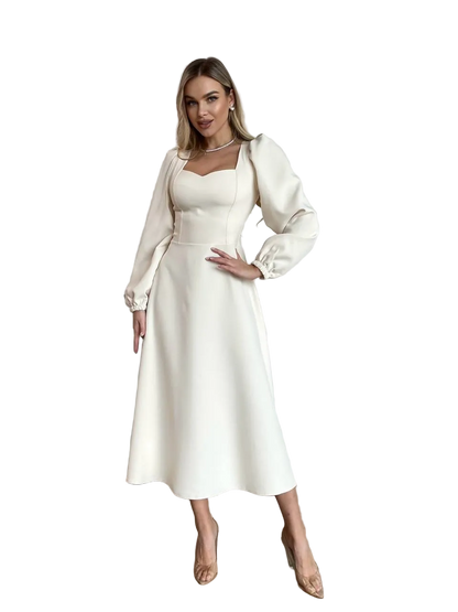 Cream Midi Dress with Heart Neckline and Puff Sleeves Elegant A Line Evening Dress