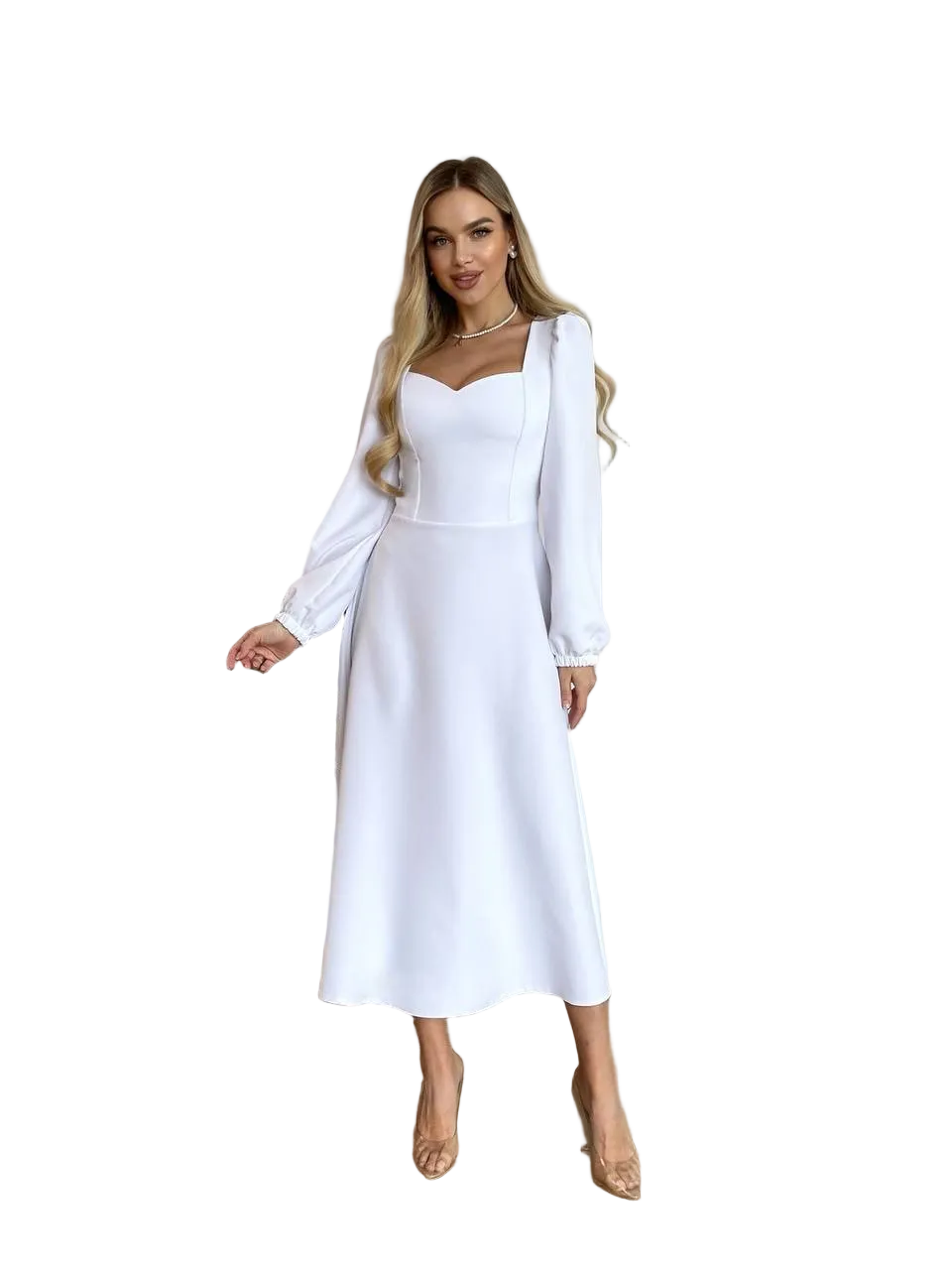 White Sweetheart Midi Dress with Puff Sleeves in Stretch Suiting Fabric
