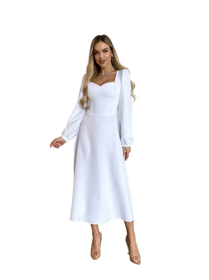 White Sweetheart Midi Dress with Puff Sleeves in Stretch Suiting Fabric