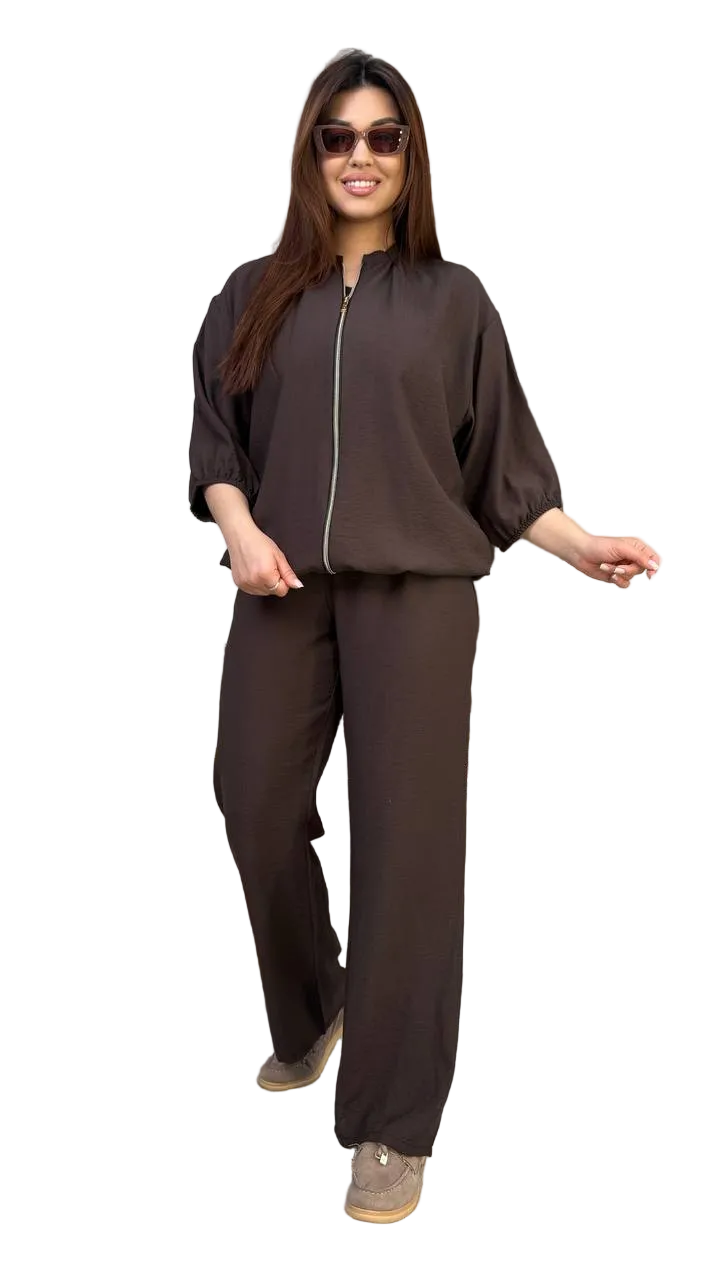 Brown Linen Viscose Two Piece Women Suit Palazzo Pants Zip Jacket Plus Size