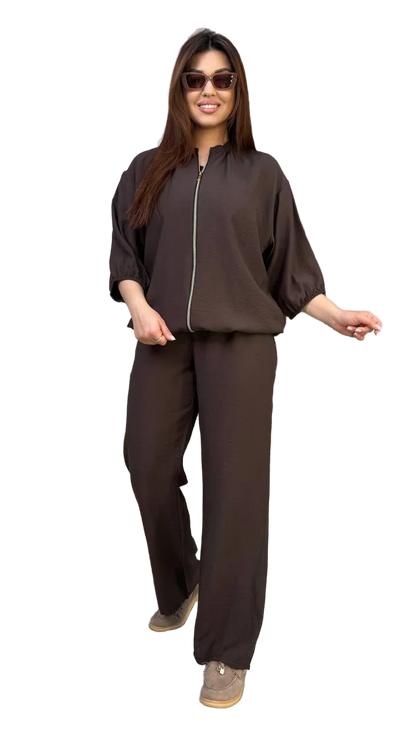Brown Linen Viscose Two Piece Women Suit Palazzo Pants Zip Jacket Plus Size