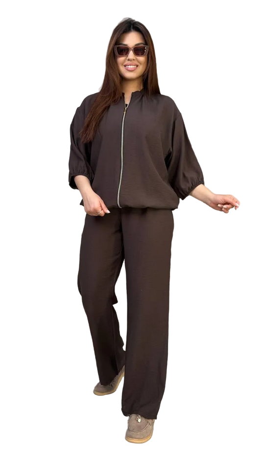 Brown Linen Viscose Two Piece Women Suit Palazzo Pants Zip Jacket Plus Size
