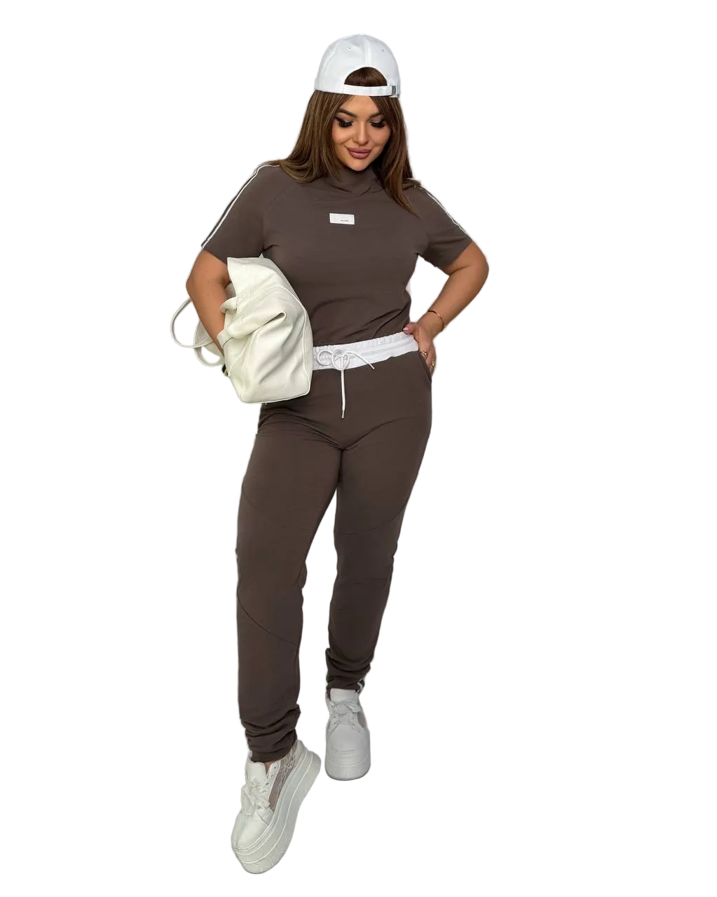 Women Brown Tracksuit Two Piece Set Casual Jogger Sweatshirt and Pants Two Thread Knit