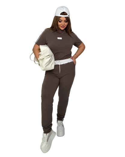 Women Brown Tracksuit Two Piece Set Casual Jogger Sweatshirt and Pants Two Thread Knit