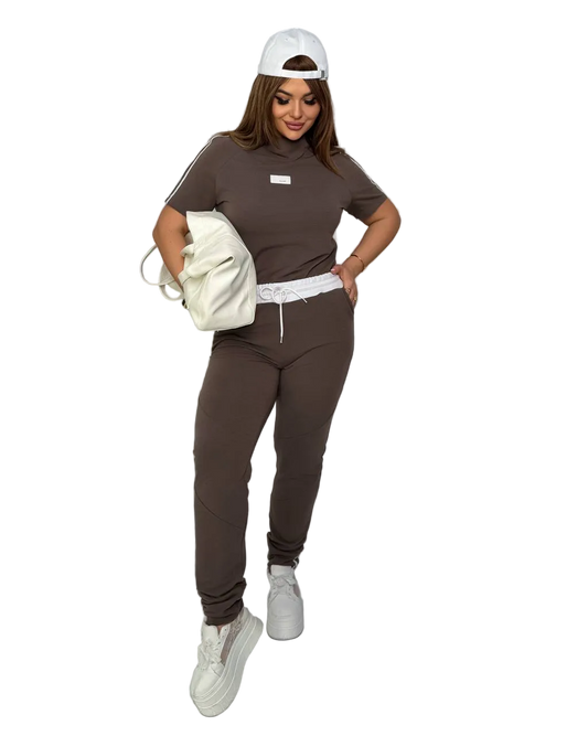 Women Brown Tracksuit Two Piece Set Casual Jogger Sweatshirt and Pants Two Thread Knit