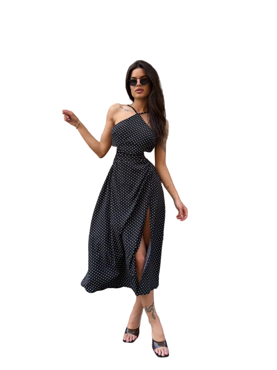 Black Polka Dot One Shoulder Cutout Midi Dress