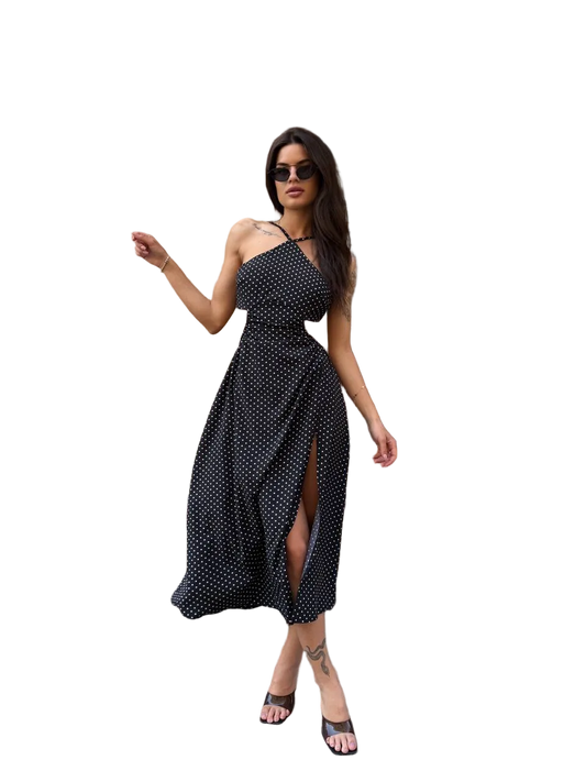 Black Polka Dot One Shoulder Cutout Midi Dress