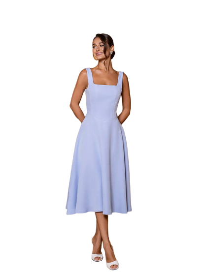 Powder Blue Diagonal Crepe Midi Dress Square Neck Elegant A Line Cocktail Dress