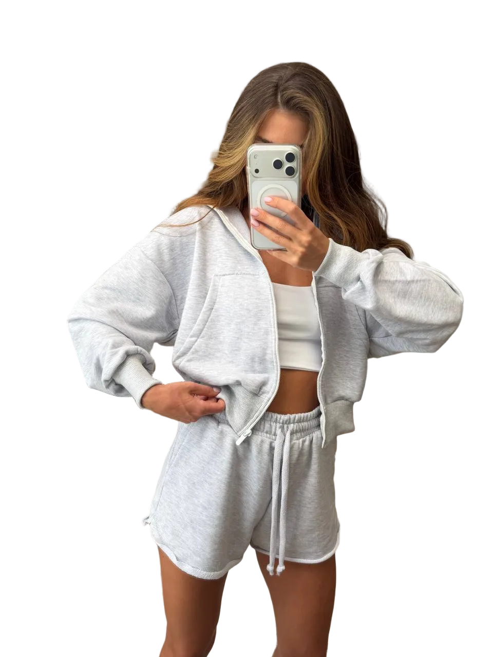 Womens Two Piece Loungewear Set Cotton Zip Hoodie And Shorts Light Gray
