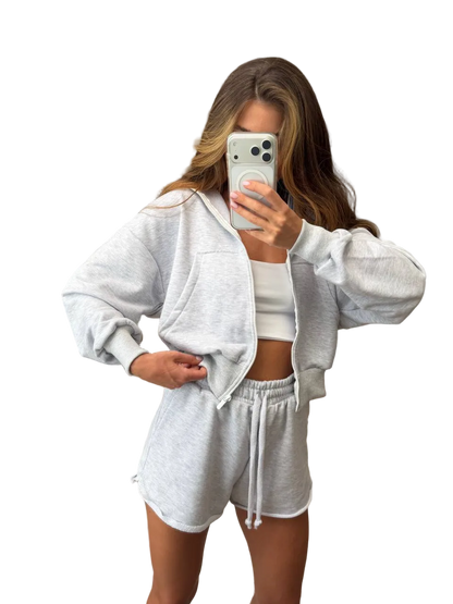 Womens Two Piece Loungewear Set Cotton Zip Hoodie And Shorts Light Gray