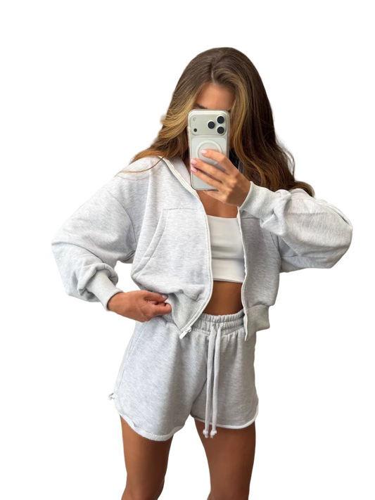 Womens Two Piece Loungewear Set Cotton Zip Hoodie And Shorts Light Gray