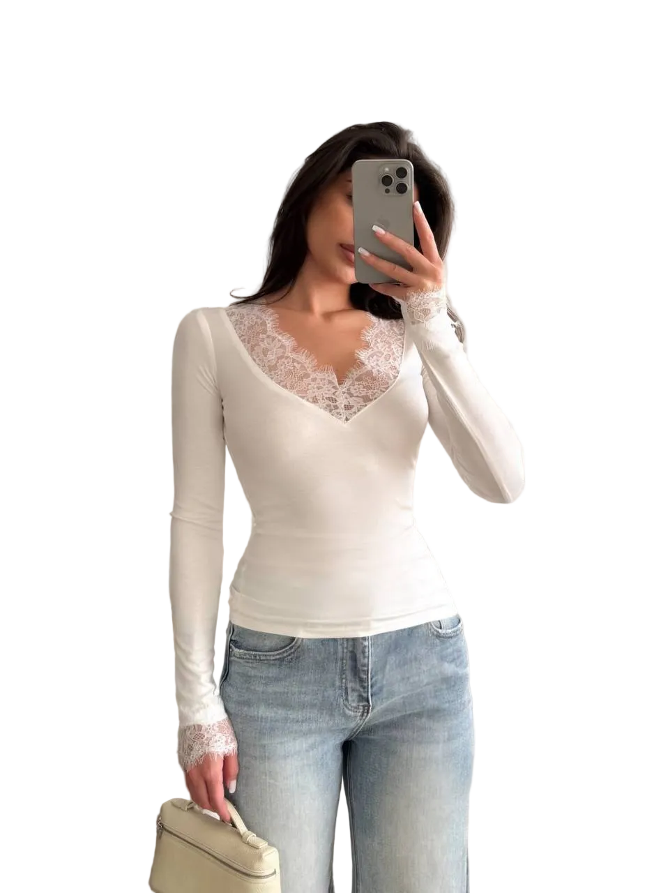 White Viscose Lace Blouse Fitted Long Sleeve Knit Top Elegant Feminine
