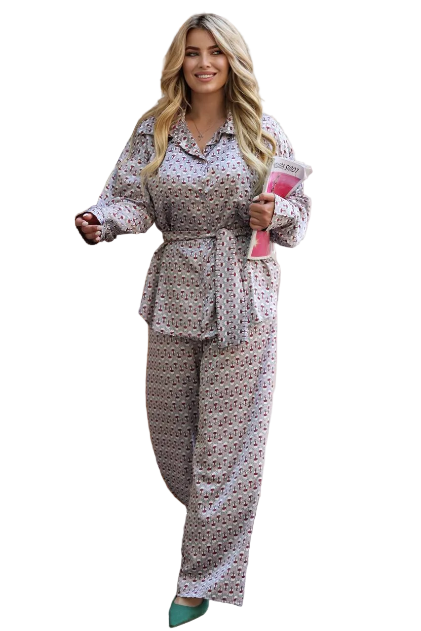 Silk Printed Two Piece Womens Suit Shirt and Palazzo Pants