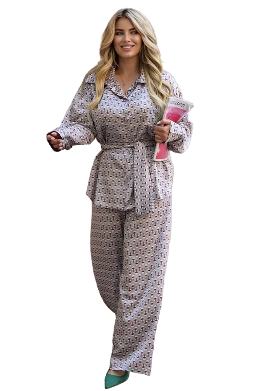 Silk Printed Two Piece Womens Suit Shirt and Palazzo Pants