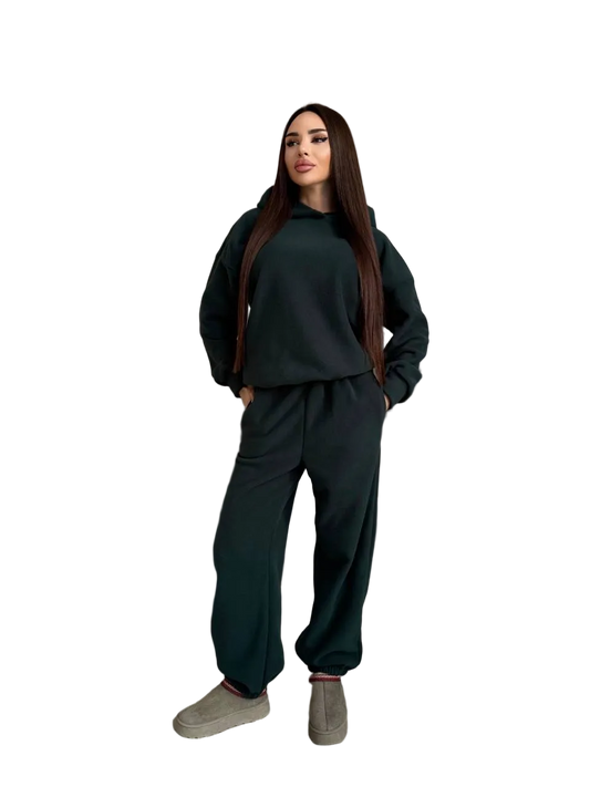 Women Forest Green Polar Fleece Tracksuit Hooded Jogger Set Warm Casual