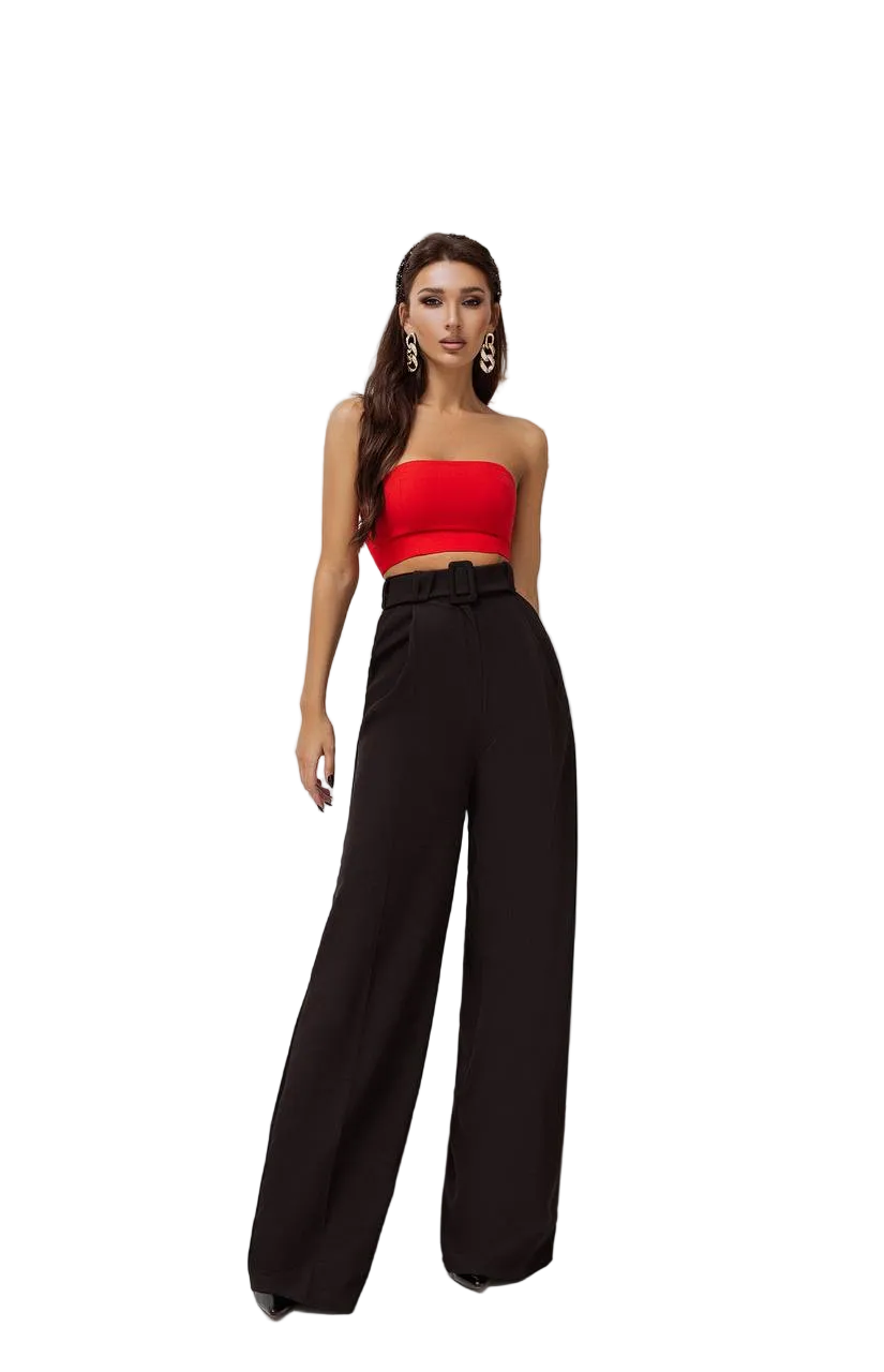 High Waist Palazzo Pants Diagonal Crepe Black Wide Leg Trousers