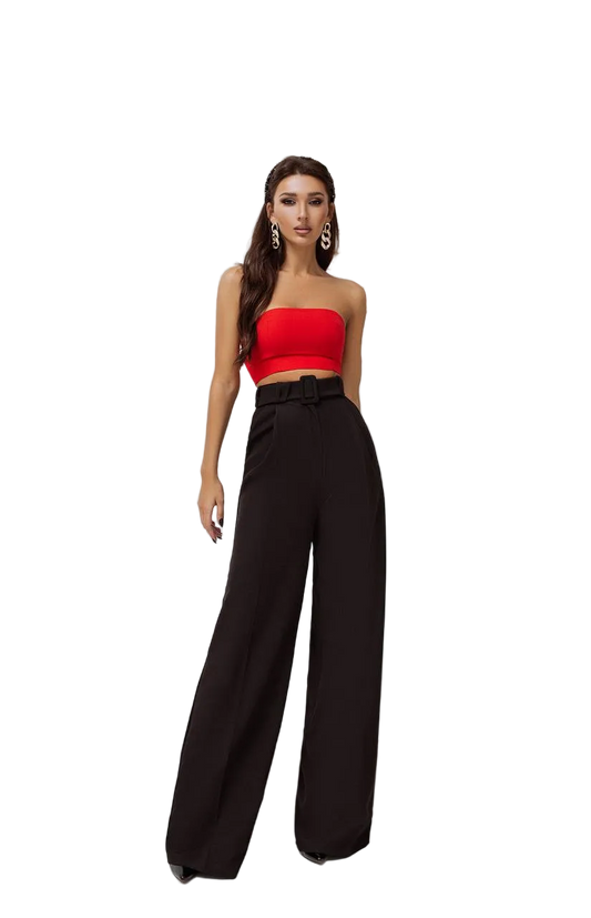 High Waist Palazzo Pants Diagonal Crepe Black Wide Leg Trousers